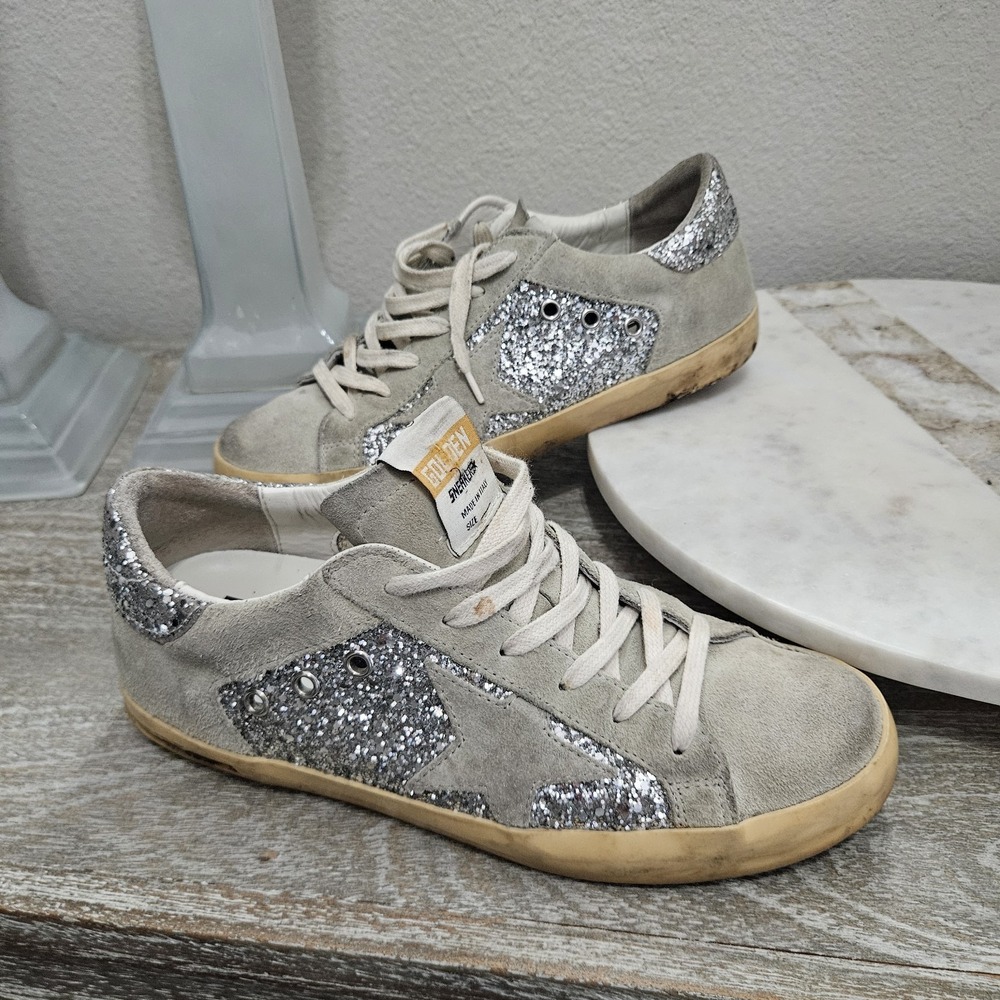 Golden Goose Superstar Low Top Silver Glitter W/ Gray Suede Sneakers 39 US 9